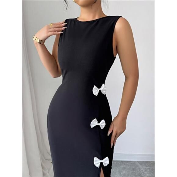 Bow Slit Round Neck Sleeveless Dress - Picture 2 of 5